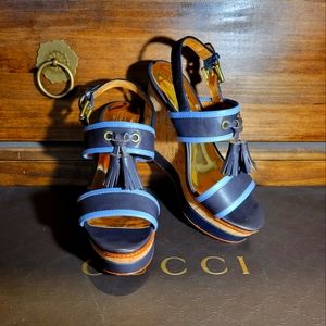 Coach Giulietta Blue Tasseled Preppy Cork and Leather Wedges